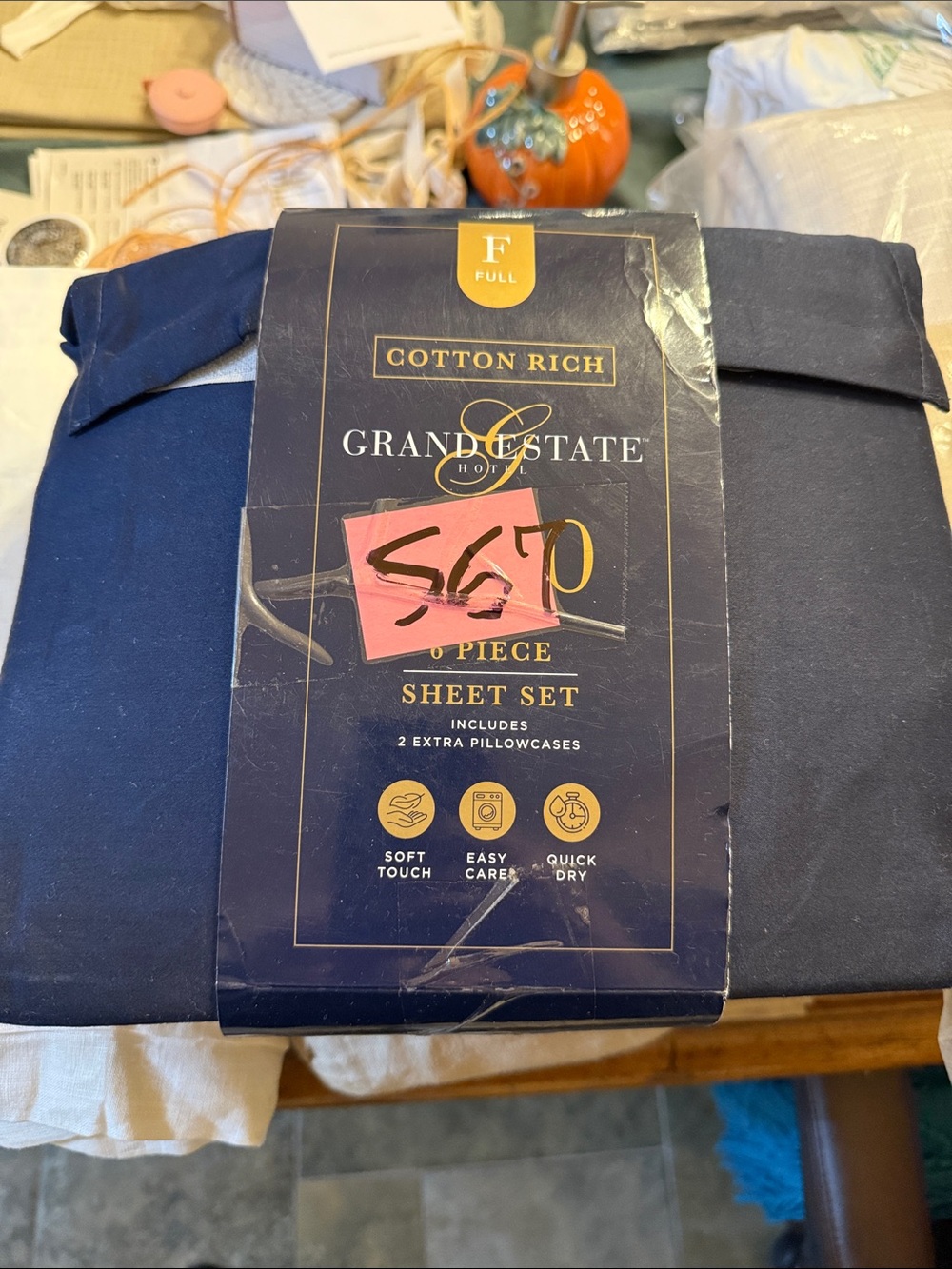 Grand & Estate Cotton Rich Full 6 Piece 1000 Thread Count Sheet Set - Navy